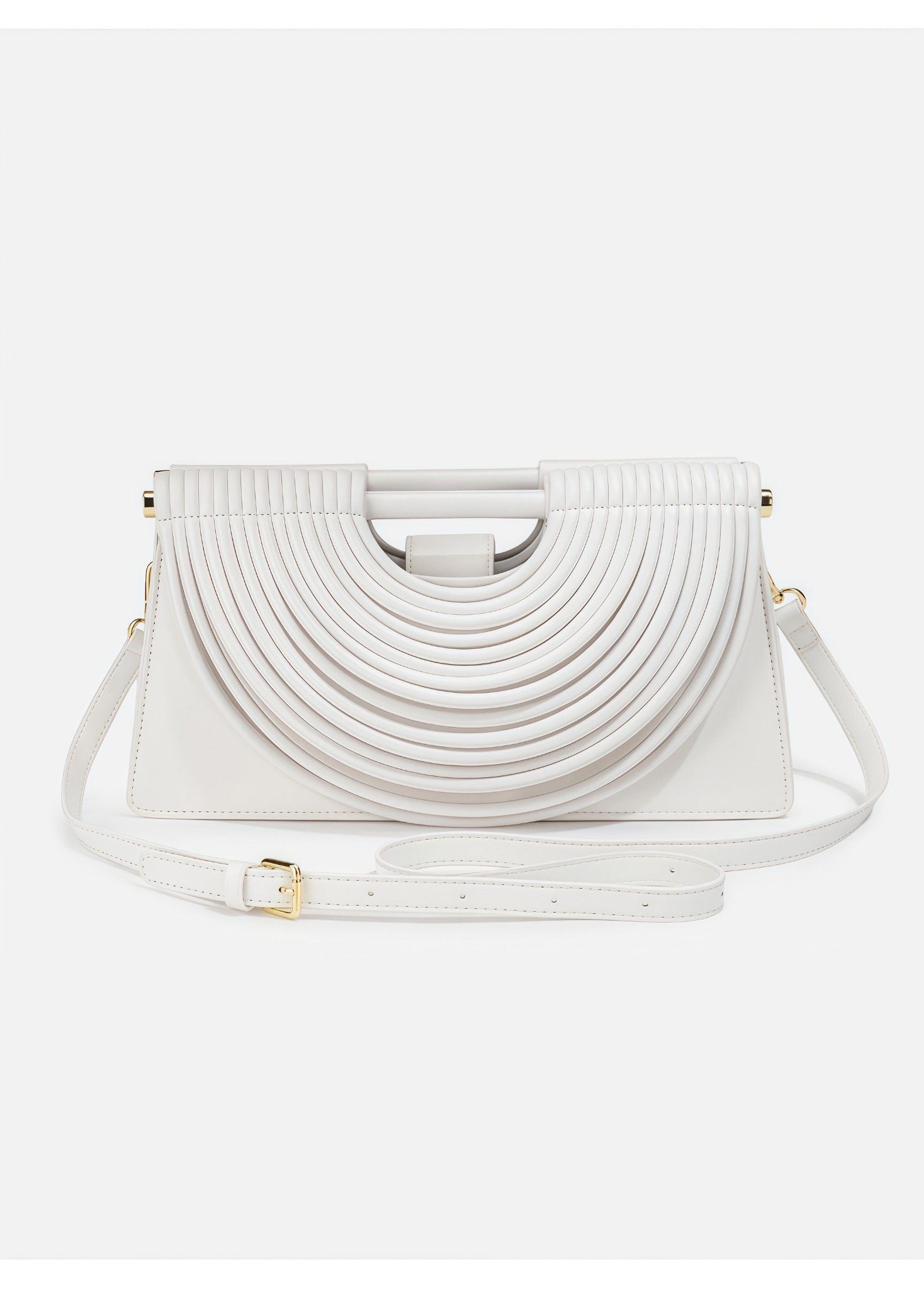 White handwoven trapezoid crossbody bag front product view