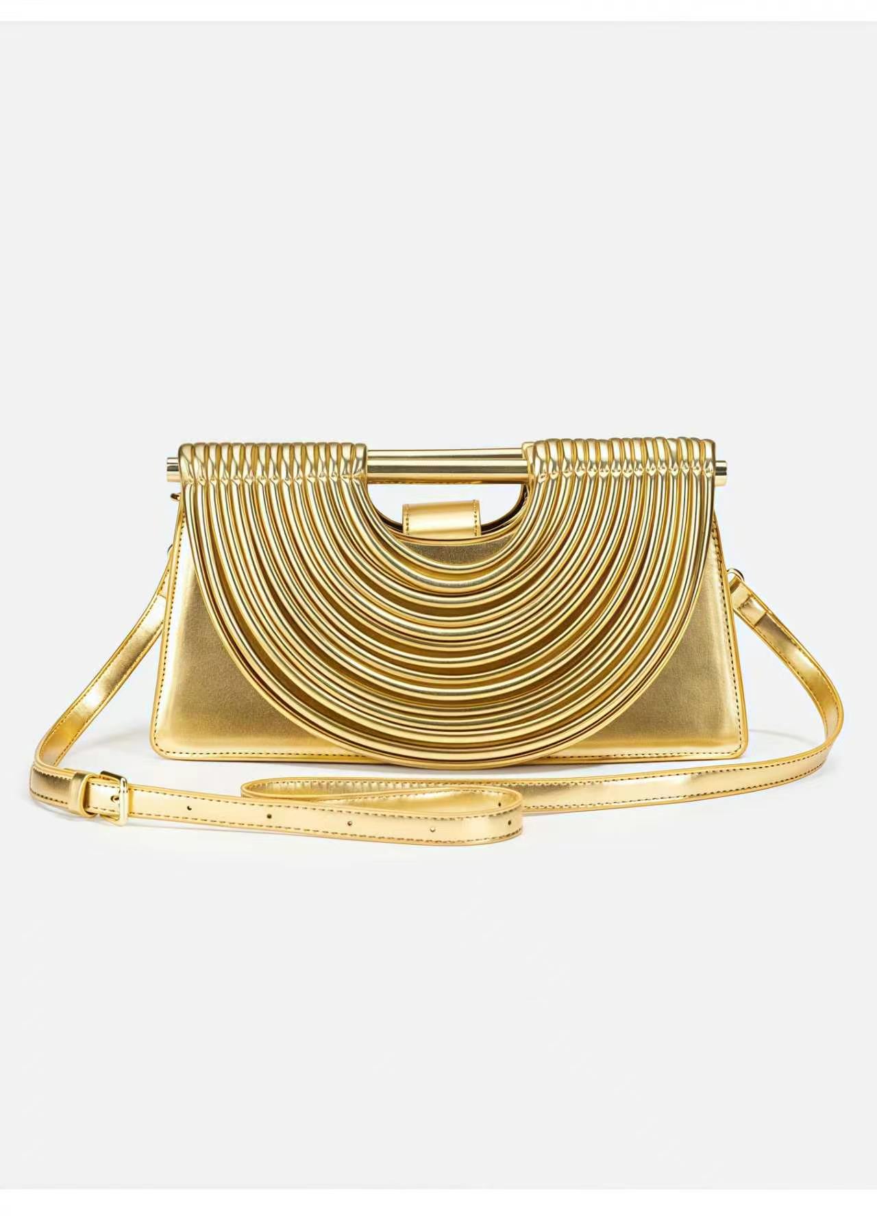 Gold handwoven trapezoid crossbody bag front product view
